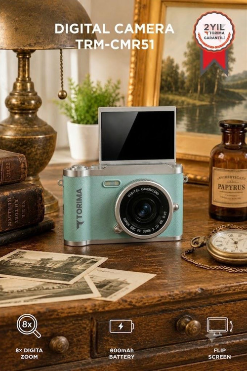 Mini Dijital Retro Kamera 48MP 8X Zoom Flip Ekranlı Selfie Video Vlog Kamerası CMR51 Mavi
