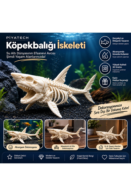 3D Köpekbalığı İskeleti Fosil Görünümlü Akvaryum Dekoru Ve Masaüstü Süs Figürü Kemik Rengi