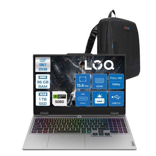 Loq 15IRX10 Intel Core I7-13645HX 96GB Ddr5 1tb SSD 8GB/RTX5060 100W 15.6" Fhd (1920X1080) IPS 300NITS 100% Srgb, 144Hz, Freedos Gaming Laptop 83JE01CXTRF43+ZETTAÇANTA