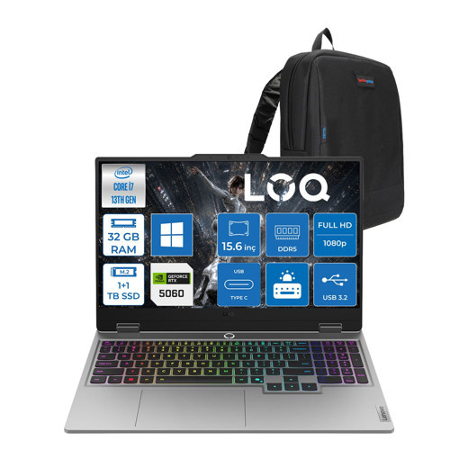Loq 15IRX10 Intel Core I7-13645HX 32GB Ddr5 1tb Ssd+1tb SSD 8GB/RTX5060 100W 15.6" Fhd (1920X1080) IPS 300NITS 100% Srgb, 144Hz, WINDOWS11PRO Gaming Laptop 83JE01CXTRP12+ZETTAÇANTA