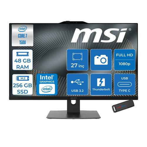 Modern AM272P Intel Core 7 150U 5.4ghz 48GB Ddr5 256GB SSD Freedos Intel Graphics 27 Inç Fullhd (1920X1080) IPS 300NITS All In One Bilgisayar 1M1205XTRF21 + Zetta Flash Bellek