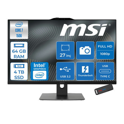 Modern AM272P Intel Core 7 150U 5.4ghz 64GB Ddr5 4tb SSD Freedos Intel Graphics 27 Inç Fullhd (1920X1080) IPS 300NITS All In One Bilgisayar 1M1205XTRF30 + Zetta Flash Bellek