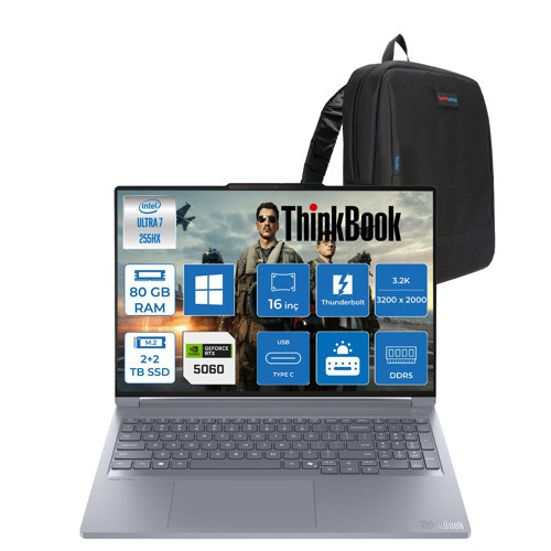 Thinkbook 16P Gen 6 Intel Core Ultra 7 255HX Aı 80GB Ddr5 2tb+2tb SSD 8GB/RTX5060 115W 16" 3.2k (3200X2000) IPS 500NITS 100% Dcı-P3, 165Hz WINDOWS11PRO Gaming Laptop 21R0004BTXP38+ZETTAÇANTA