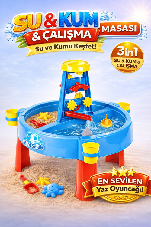 Su Kum Aktivite Masası 3İn1 Çocuk Oyun Masası Mini Şelale Eğitici Duyusal Oyuncak