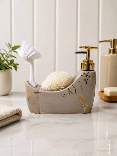 300 ml Taş Gri Mermer Desenli Seramik Sıvı Sabunluk ve Süngerlik | Gold Pompalı