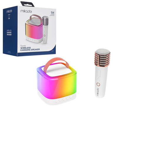 BEYAZ KARAOKE MİKROFONLU WİRELESS HOPARLÖR - SPEAKER IŞIKLI USB ŞARJLI BT - TF CARD - AUX 5W (5639)