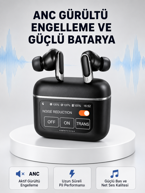 tekno ANC Teknolojili Kablosuz Bluetooth Kulaklık – Dokunmatik, Dijital Göstergeli, Yüksek Ses