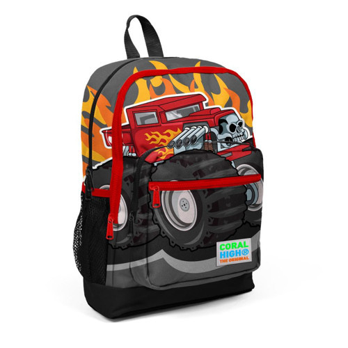 Kids Koyu Gri Siyah Monster Truck Desenli Dört Bölmeli Okul Sırt Çantası 23727