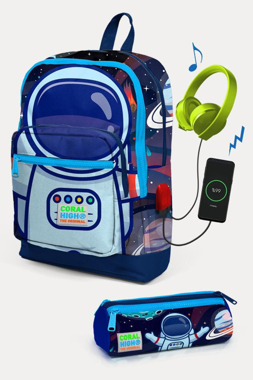 Kids Saks Mavi Astronot Desenli USB'li 2'li Okul Çanta Seti SET0223824