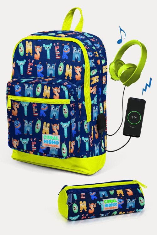 Kids Lacivert Neon Sarı Monster Desenli USB'li 2'li Okul Çanta Seti SET0123826