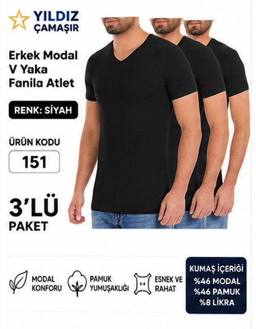 Erkek V Yaka Kısa Kol Modal Likralı Fanila Atlet (150-151-152-153 ) - 3 Adet