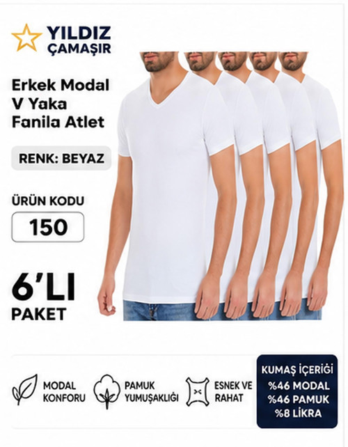 Erkek V Yaka Kısa Kol Modal Likralı Fanila Atlet (150-151-152-153 ) - 6 Adet