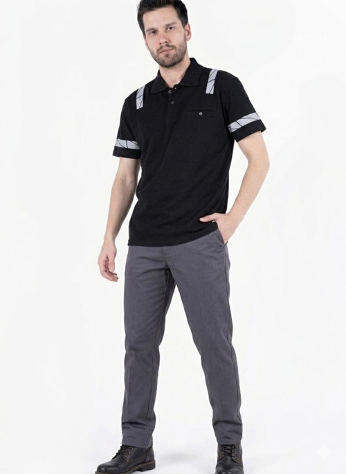 Polo Yaka Reflektörlü T-Shirt - Siyah