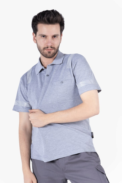 Polo Yaka Reflektörlü T-Shirt - Gri