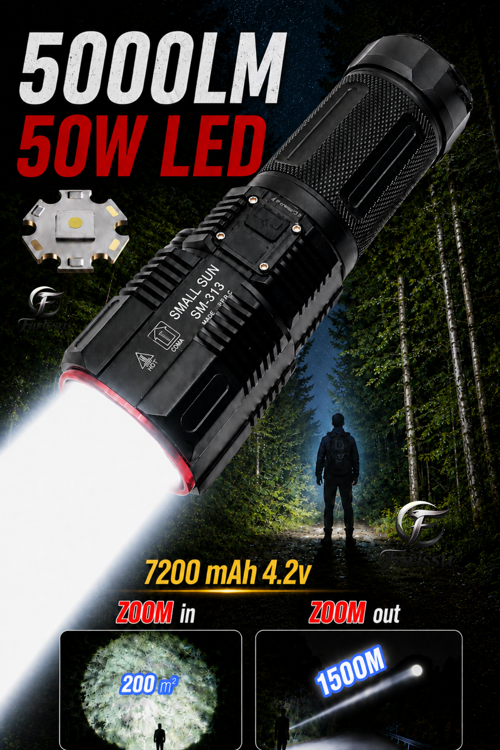 SM-313 50W 5000 Lümen Profesyonel Şarjlı El Feneri - 1.5 KM Menzilli & 7200 mAh Güçlü Batarya Seti