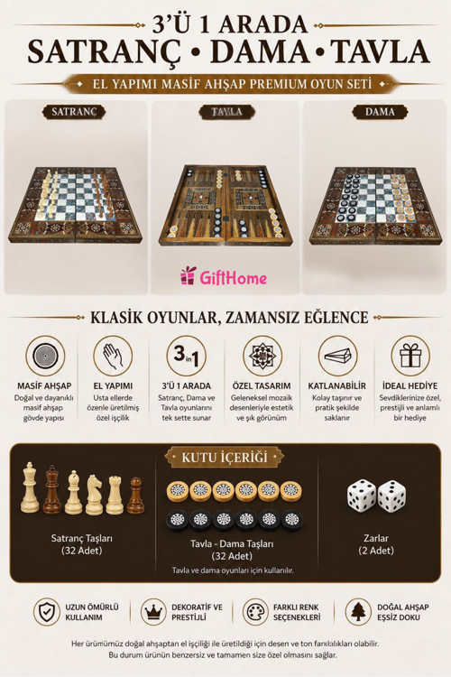 El Yapımı Masif Ahşap SATRANÇ, TAVLA ve DAMA SETİ | 3'ü 1 Arada Premium Oyun Takımı