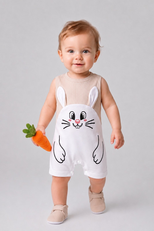 Erkek Bebek Tavşan Desenli Yazlık Tulum Fitilli Pamuklu Kolsuz Bebek Tulumu Çıtçıtlı Romper 0-9 Ay