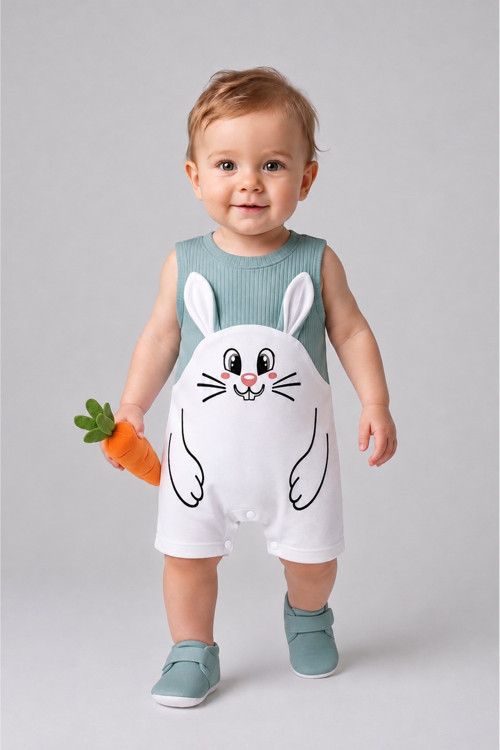 Erkek Bebek Tavşan Desenli Yazlık Tulum Fitilli Pamuklu Kolsuz Bebek Tulumu Çıtçıtlı Romper 0-9 Ay