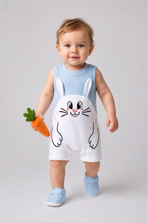 Erkek Bebek Tavşan Desenli Yazlık Tulum Fitilli Pamuklu Kolsuz Bebek Tulumu Çıtçıtlı Romper 0-9 Ay