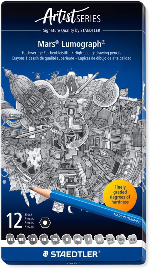 100 G12 Mars Lumograph Kurşun Kalem 12'Li Metal Kutuda 8B, 7B, 6B, 5B, 4B, 3B, 2B, B, Hb,