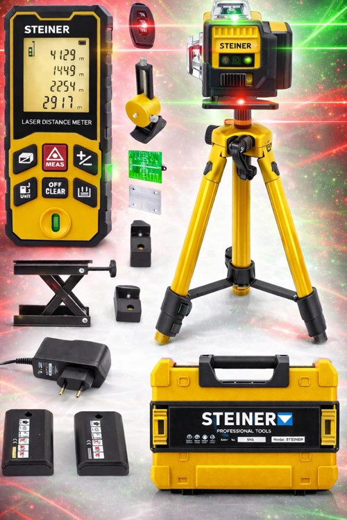 Profesyonel 12 Köşe Yeşil Çizgi Lazer Otomatik Hizalama Çantalı + 50Mt Lazer Metre + Tripod