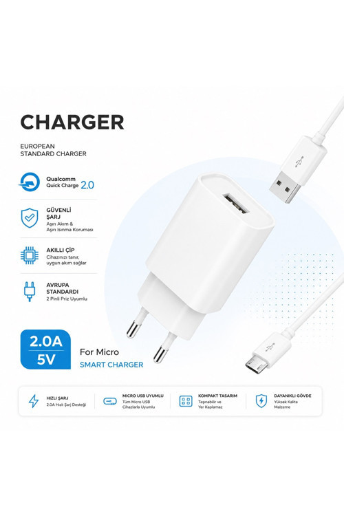 M-03 Smart Charger 5V 2A Şarj Aleti Usb Girişli Adaptör Mikro Usb Şarj Kablosu