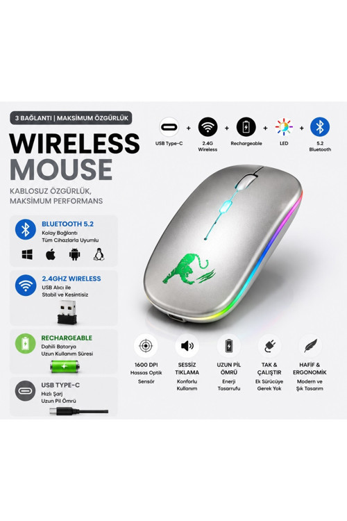 JNG-5012M Kablosuz Şarjlı Mouse Çift Modlu Bluetooth ve 2.4 Ghz Usb Wireless Rgb Led Işıklı 1600 Dpi Sessiz Click Mouse
