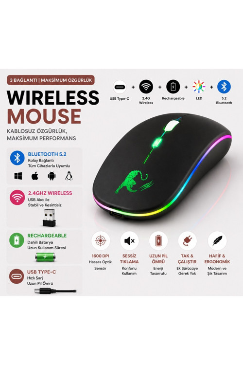 JNG-5012M Kablosuz Şarjlı Mouse Çift Modlu Bluetooth ve 2.4 Ghz Usb Wireless Rgb Led Işıklı 1600 Dpi Sessiz Click Mouse