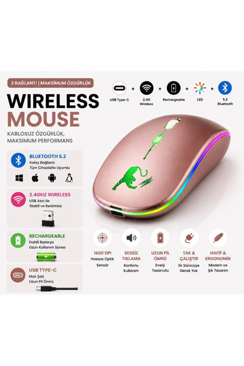 JNG-5012M Kablosuz Şarjlı Mouse Çift Modlu Bluetooth ve 2.4 Ghz Usb Wireless Rgb Led Işıklı 1600 Dpi Sessiz Click Mouse