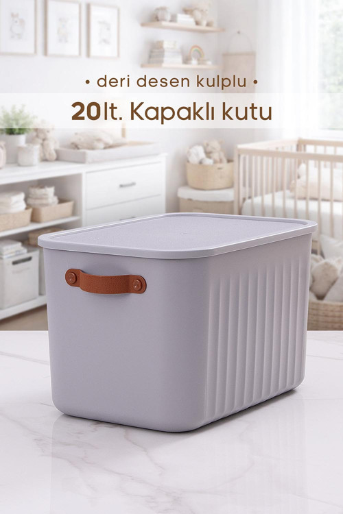 Kulplu Gri Dolap Düzenleyici 20 Lt Kapaklı Saklama Kutusu Sepet Oyuncak Kutusu Organizer
