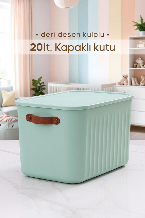 Kulplu Mint Yeşili Dolap Düzenleyici 20 Lt Kapaklı Saklama Kutusu Sepet Oyuncak Kutusu Organizer