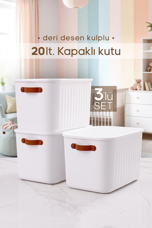3 Adet Kulplu Beyaz Dolap Düzenleyici 20 Lt Kapaklı Saklama Kutusu Sepet Oyuncak Kutusu Organizer