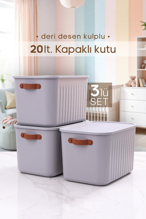 3 Adet Kulplu Gri Dolap Düzenleyici 20 Lt Kapaklı Saklama Kutusu Sepet Oyuncak Kutusu Organizer