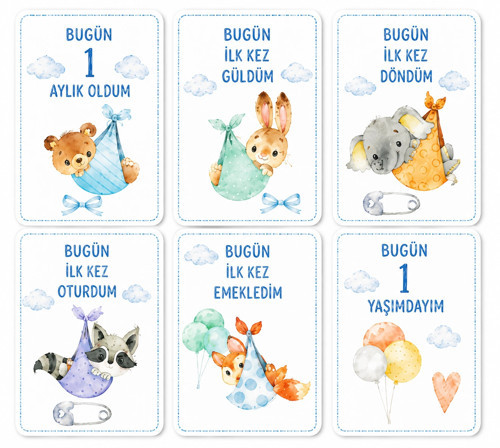 Erkek Bebek İlklerim Anı Kartları – 6’lı MDF Set (7×10 cm)