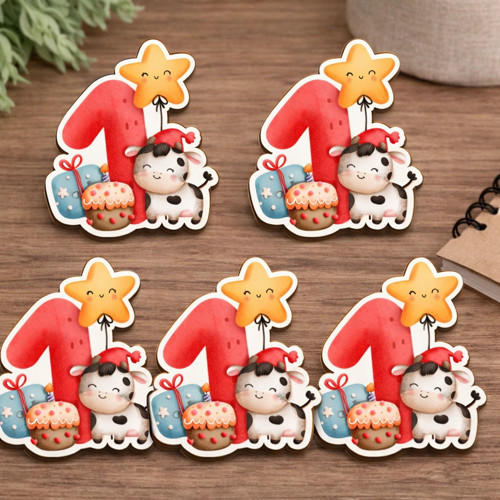 1 Yaş Temalı İnek Figürlü MDF – 5’li Set 5x5 cm MDF