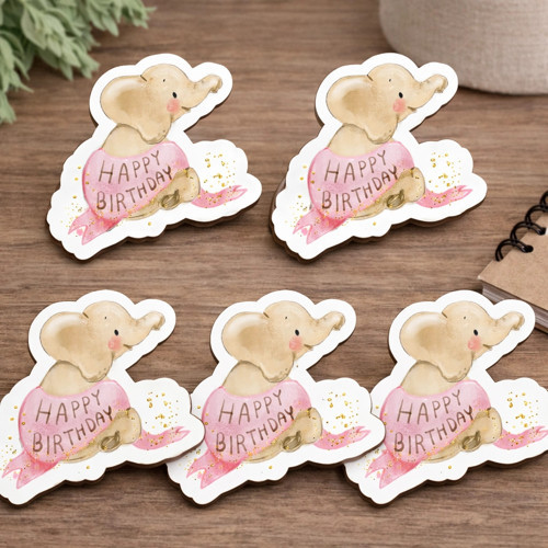 Fil Figürlü Happy Birthday MDF Dekoratif Hediyelik – 5’li Set 5x5 cm