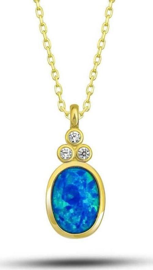 925 Ayar Gümüş Gold Mavi Opal Taşlı Ananas Kadın Kolye