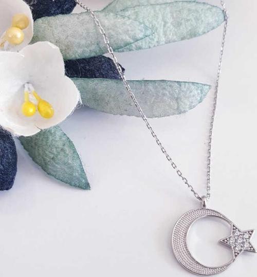 925 Ayar Gümüş Ay Yıldız Kadın Kolye