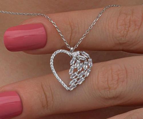 925 Ayar Gümüş Baget Taşlı Kalp Kadın Kolye