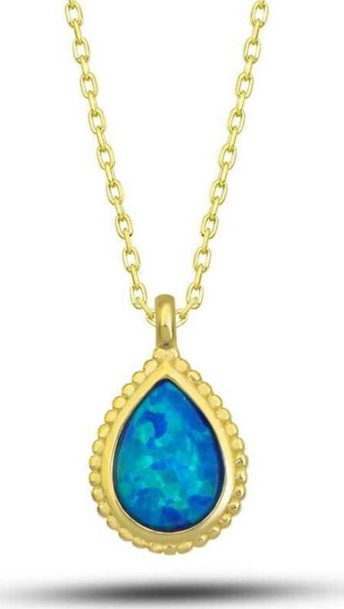 925 Ayar Gümüş Gold Damla Mavi Opal Taşlı Kadın Kolye