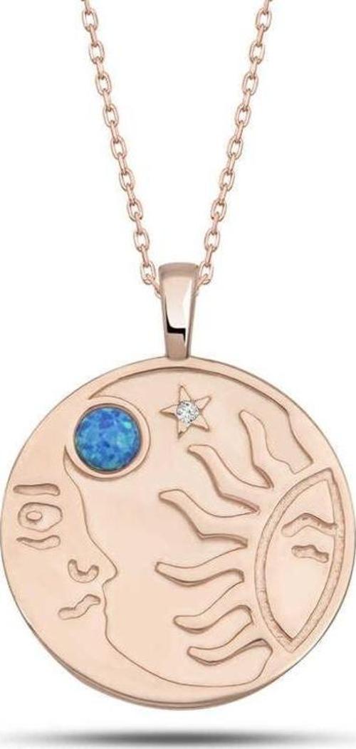 925 Ayar Gümüş Rose Opal Mavi Taşlı Ay Güneş Kadın Kolye