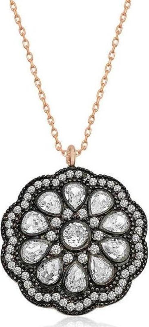 Gümüş Çiçek Desenli Elmas Montür Kolye