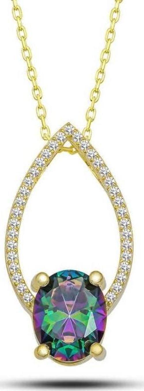Gümüş Gold Oval Mistik Topaz Taşlı Damla Kadın Kolye