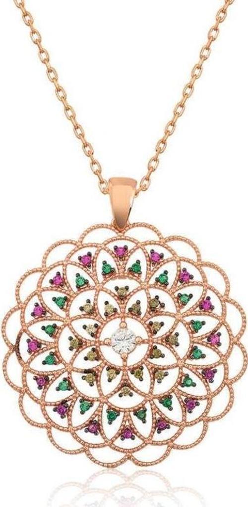 Gümüş Rose Geometrik Desenli Madalyon Kolye