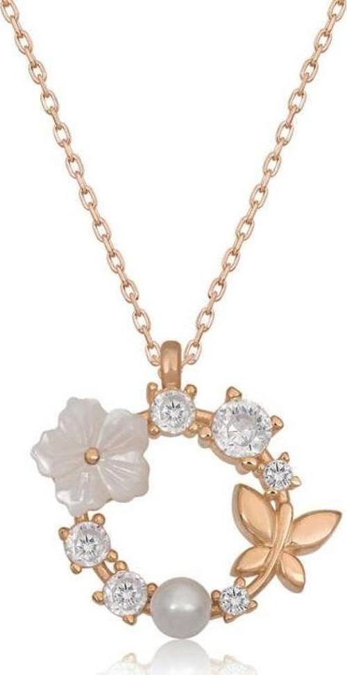 Gümüş Rose Manolya Çiçeği Kelebek Kadın Kolye