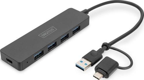 USB 3.0 Hub 4-Port, Slimline with USB-C Adapter, 5Gbps, 0,2m cable