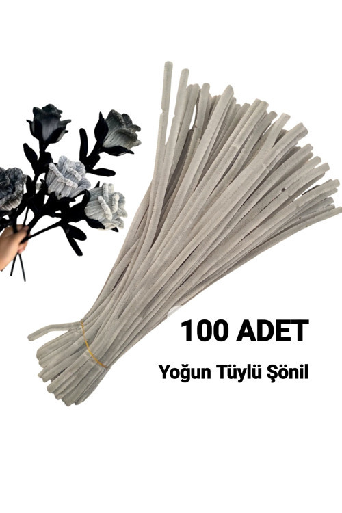 100 Adet Gri Şönil, Çiçek Yapımına Uygun Tüylü Tel, 30 Cm 6 Mm