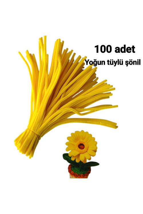 100 Adet Sarı Şönil, Çiçek Yapımına Uygun Tüylü Tel, 30 Cm 6 Mm