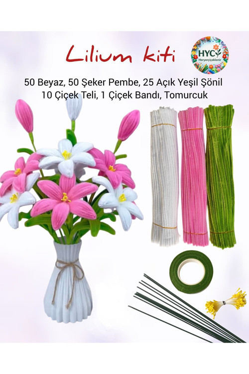 3’Li Lilium Çiçek Yapım Seti –125 Şönil (Şeker Pembe, Beyaz Ordu Yeşili) + Tomurcuk,Band, Çiçek Teli
