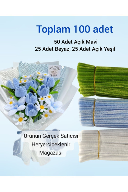 3'Lü Set 50 Adet Açık Mavi, 25 Adet Beyaz, 25 Adet Açık Ordu Yeşili Şönil ,Tüylü Tel